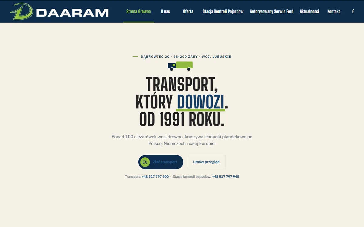 Strona główna daaram.pl: nagłówek Transport, który dowozi, od 1991 roku, dwa przyciski Zleć transport i Umów przegląd